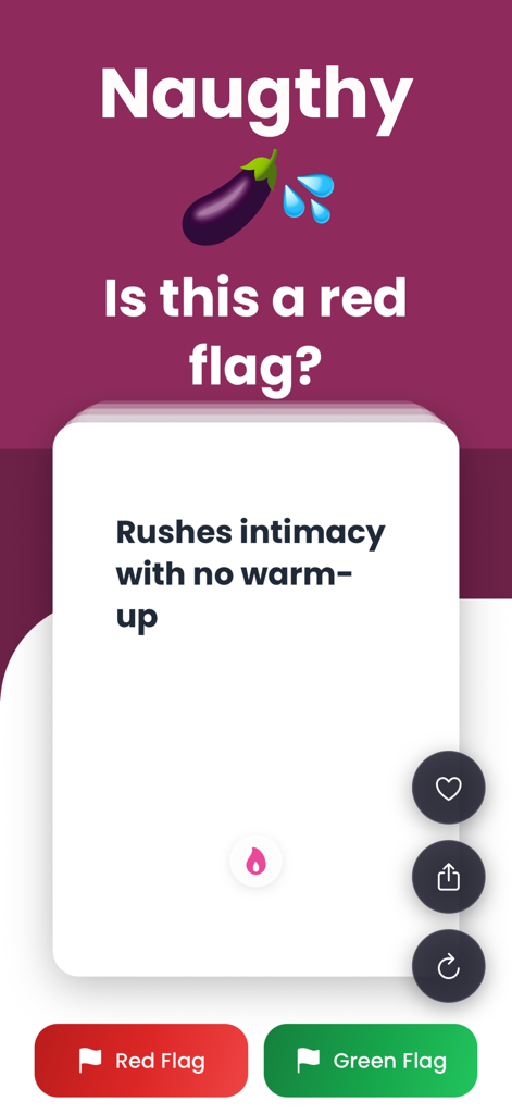 Red Flag: Couple Questions - A screenshot from the Red Flag Couple Questions app featuring a prompt about intimacy with voting options for red flag or green flag.
