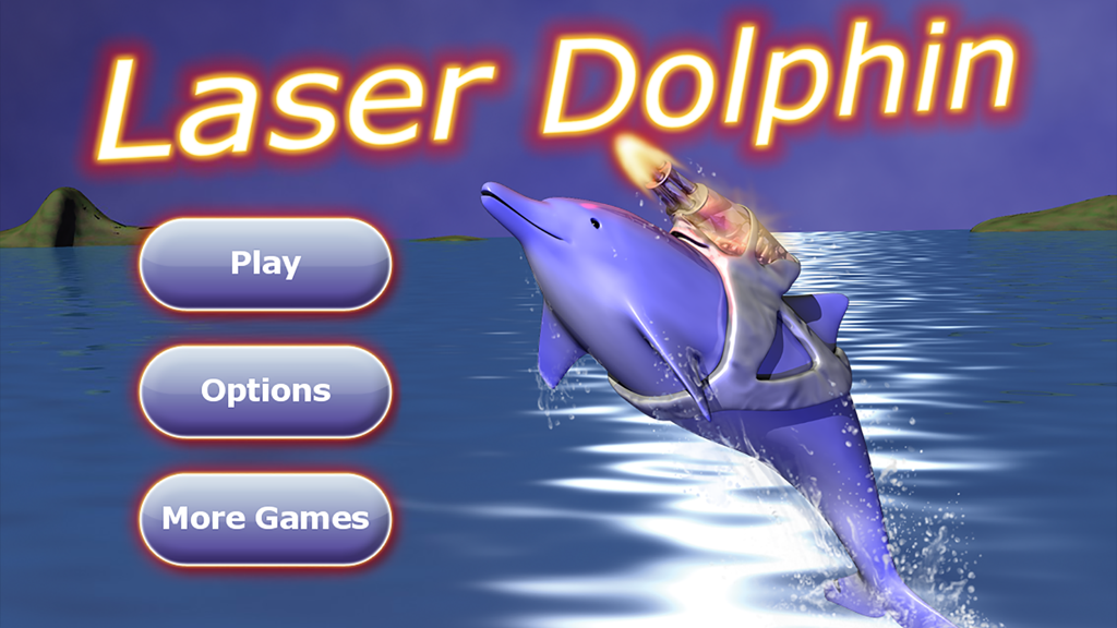 Main menu of Laser Dolphin game showing a purple dolphin with a laser gun jumping out of the water