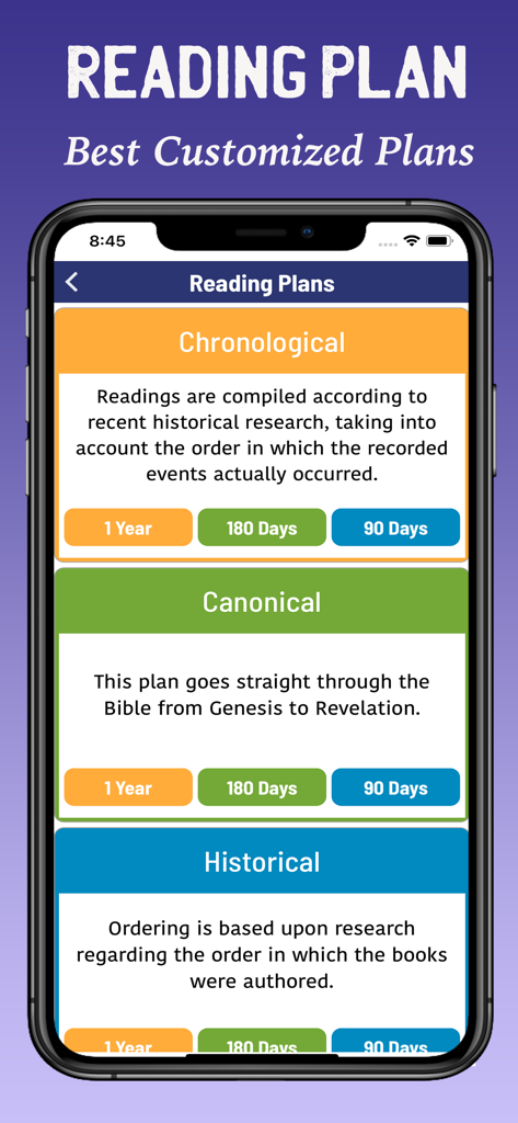 Catholic Holy Bible with Audio - A mobile app screen showing customized Catholic Bible reading plans with chronological canonical and historical options