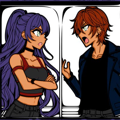 anime girl with long hair wearing a crop top and a cropped jacket and an anime guy with short hair wearing a leather jacket arguing