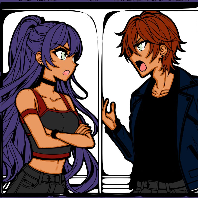 anime girl with long hair wearing a crop top and a cropped jacket and an anime guy with short hair wearing a leather jacket arguing