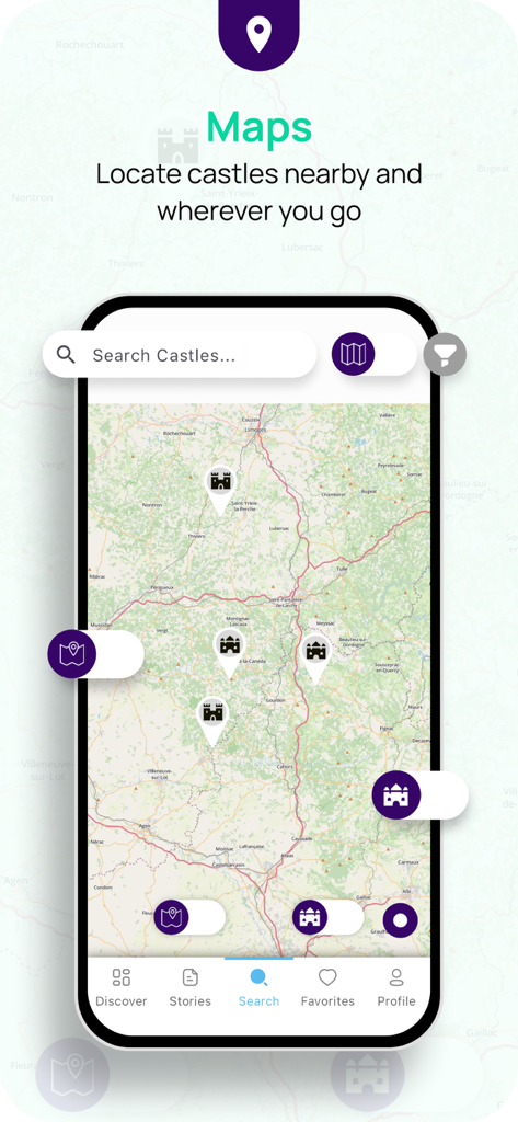 Castle.Tips-beautiful Castles! - A map interface within the Castle Tips app showing location markers for various historical castles