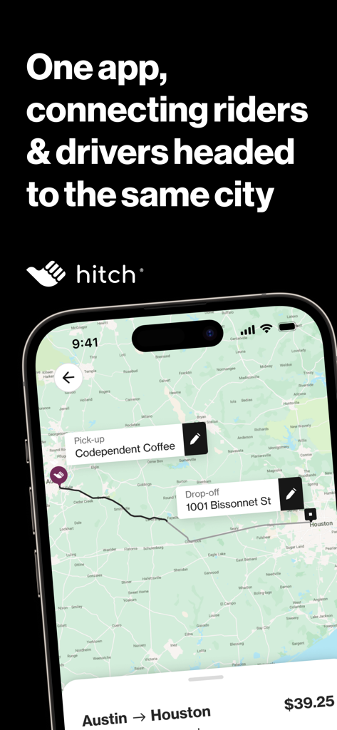 Hitch - City-to-City Rideshare - Interface of Hitch app showing a rideshare route from Austin to Houston on a map