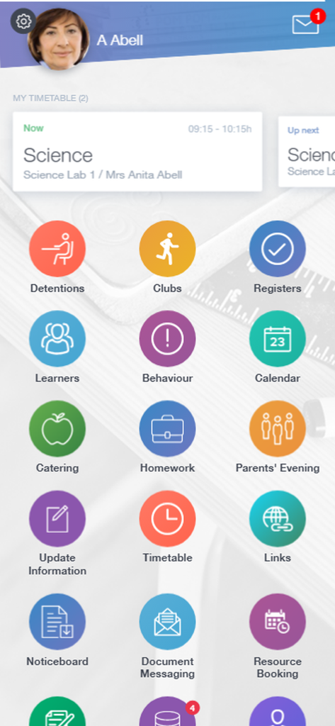 EduLink One - EduLink One school management app dashboard showing icons for timetable, homework, behavior tracking, and school catering.