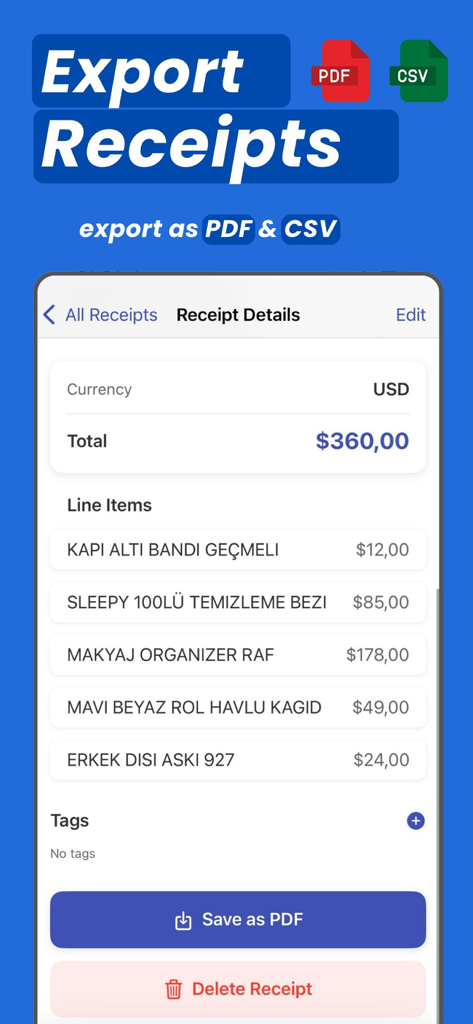 領収書の詳細と、経費レポートのためにPDFまたはCSVとしてエクスポートするオプションを表示するモバイル画面