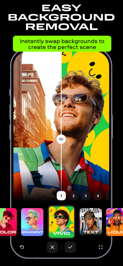 Movavi - Video Editor - A split screen comparison showing a man's portrait with a city background being replaced by a vivid yellow smiley face background using the background removal tool.
