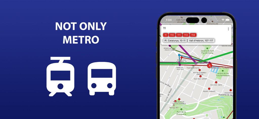 Mapa de transporte público de Barcelona mostrando rotas de metrô, ônibus e tram no iPhone