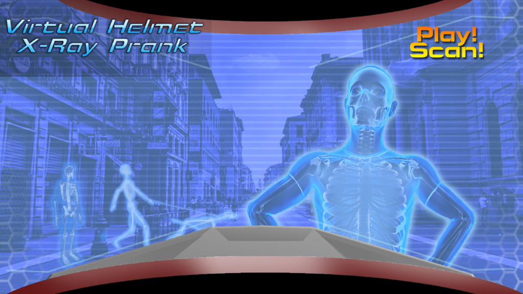 Blue-tinted x-ray vision prank interface showing a glowing human skeleton on a city street