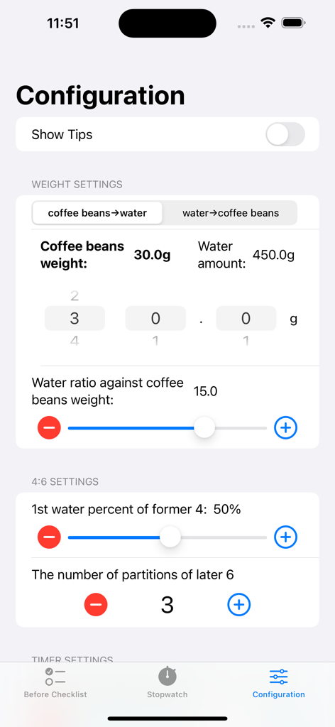 BrewCoffee46 - BrewCoffee46 configuration screen showing coffee bean weight and 4 6 method brewing settings