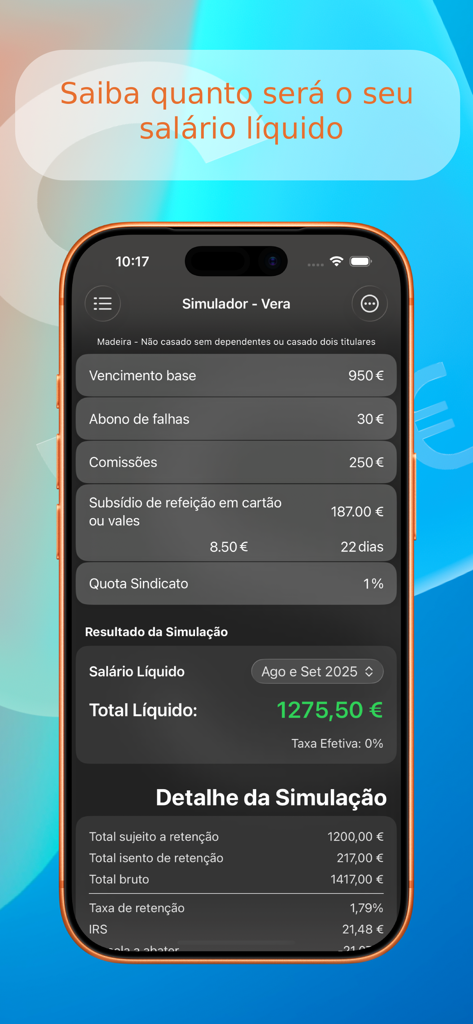 Screenshot of the Salário Líquido app showing a detailed net salary calculation for the Portuguese tax system including regional settings for Madeira.