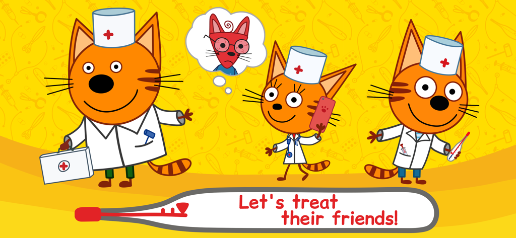 Kid-E-Cats characters dressed as doctors in a pet hospital game for kids
