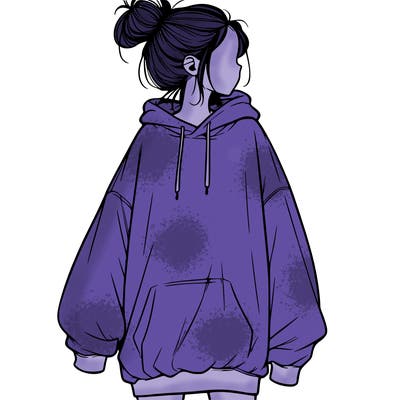 realistic girl with a oversized sweatshirt on and a bun