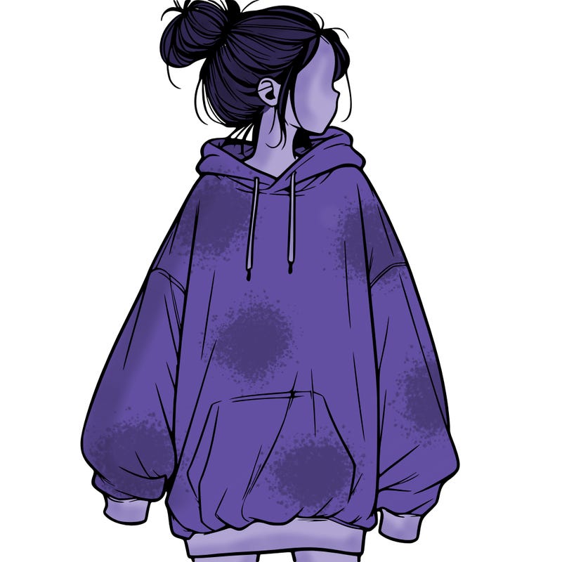realistic girl with a oversized sweatshirt on and a bun