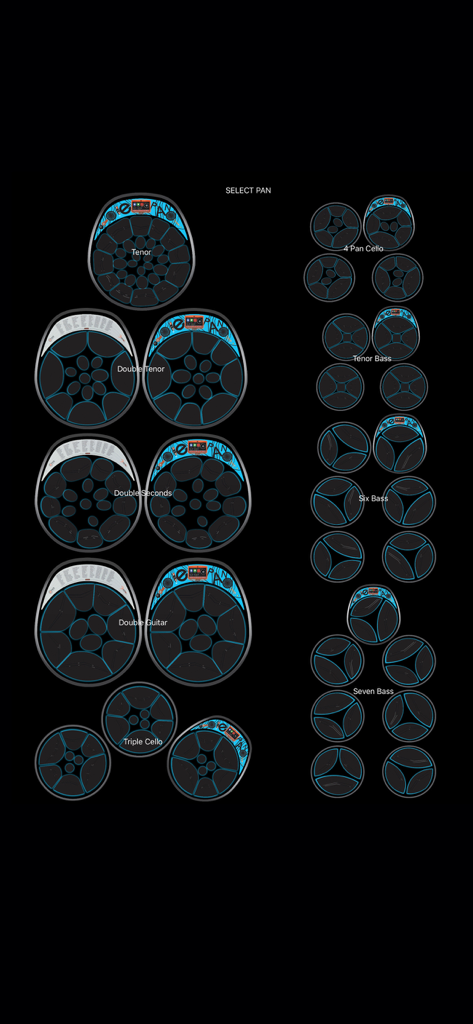 Steelpan App PRO V2 - Instrument selection menu in the Steelpan App PRO V2 showing various steel drum types from Tenor to Seven Bass