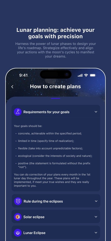 Écran de l'application Moon Days Calendar montrant les exigences pour la planification d'objectifs basées sur les phases de la lune