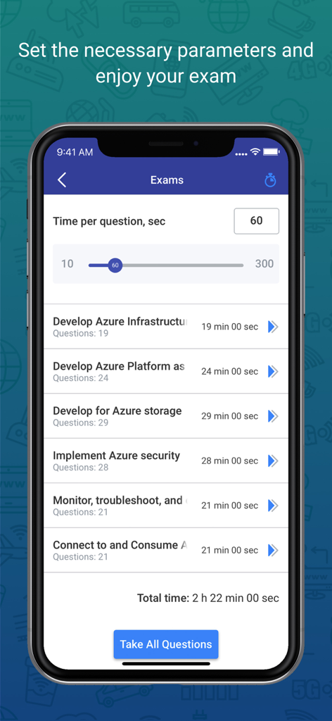 VCE Simulator - VCE Simulator app screen showing customizable exam parameters and Azure certification modules