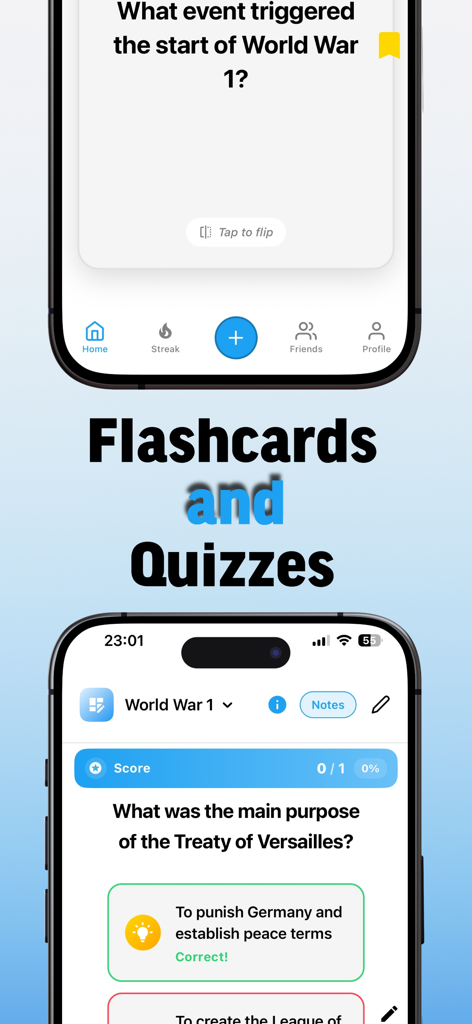 Mobile app screens showing interactive history flashcards and multiple choice quizzes for exam prep.