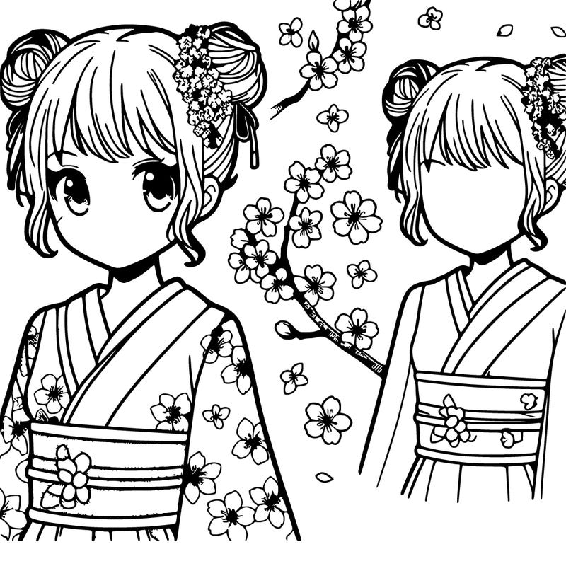 manga girl with sakura dress on and buns on her hair