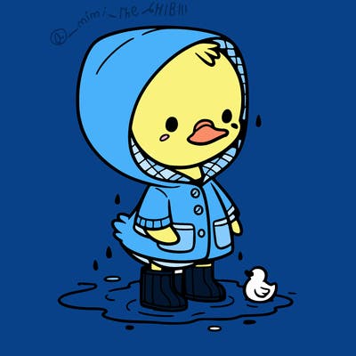 baby duck in a rain coat and boots, in a puddle while it’s raining