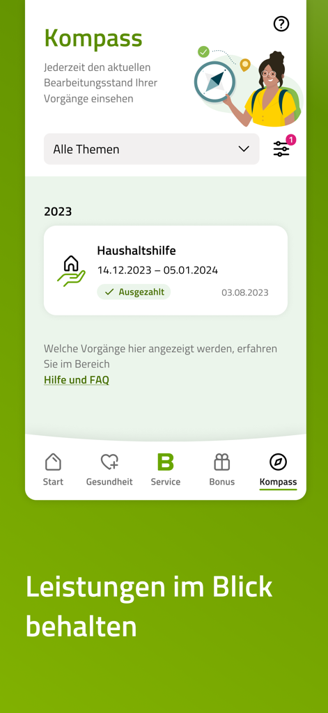 BARMER App Kompass-Oberfläche zur Verfolgung von Versicherungsleistungen und Verarbeitungsstatus