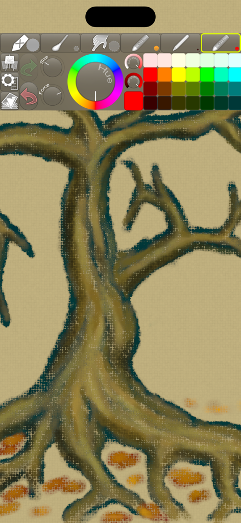 iPastels - Interfaccia dell'app iPastels con un dipinto digitale texturizzato di un albero con strumenti di disegno a pastello e ruota dei colori.