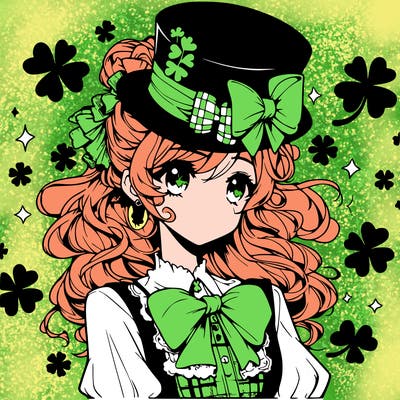 a manga-style girl with clovers around her, a little hat in her hair, like it's saint patrick's day