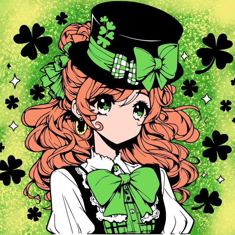 a manga-style girl with clovers around her, a little hat in her hair, like it's saint patrick's day