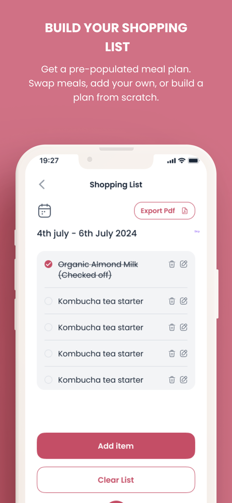 Additive-Free Lifestyle - Interface of the Additive-Free Lifestyle app displaying a grocery shopping list with healthy food items like organic almond milk and kombucha.
