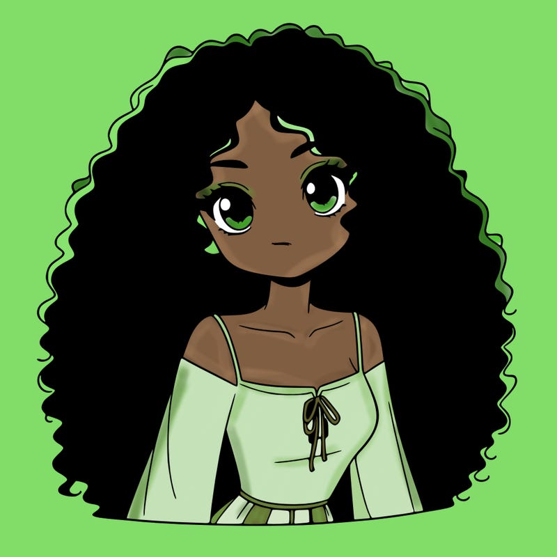 a black anime girl with long afro hair