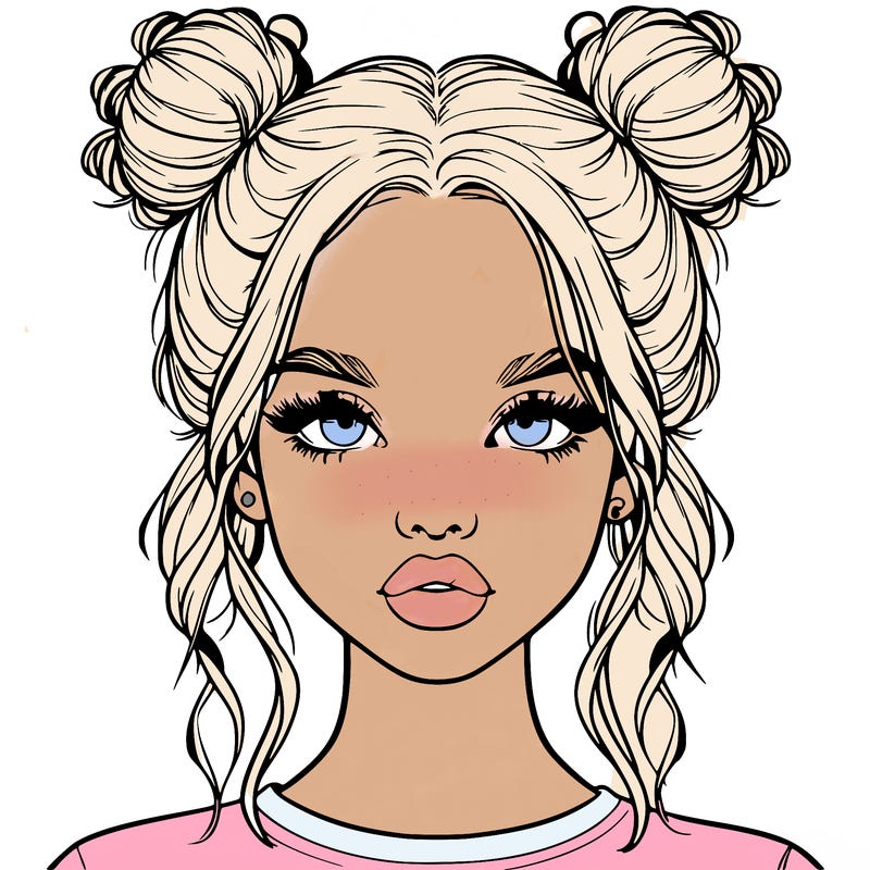 realistic girl with two buns in hair and lips