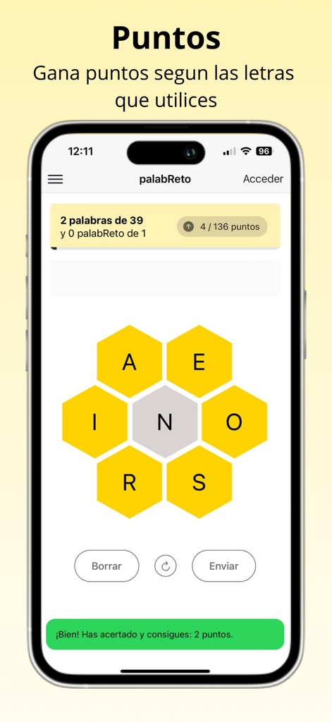 PalabReto - Puzle de palabras - Interfaccia dell'app PalabReto che mostra un rompicapo a forma di alveare con lettere e un contatore di punteggio in spagnolo