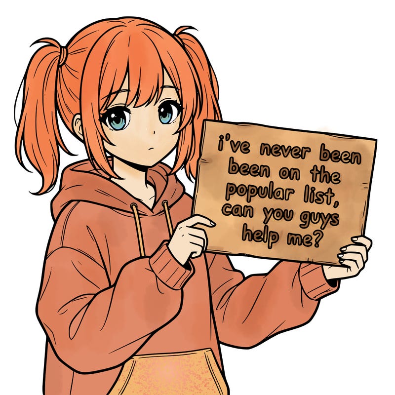 a cute anime girl with a sign saying  i’ve never been on the popular list, can you guys help me?
