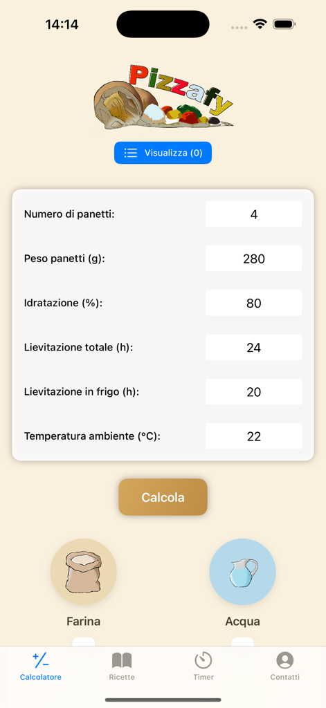 Interfaz de la calculadora de masa de pizza de la aplicación Pizzafy que muestra campos de entrada para peso e hidratación