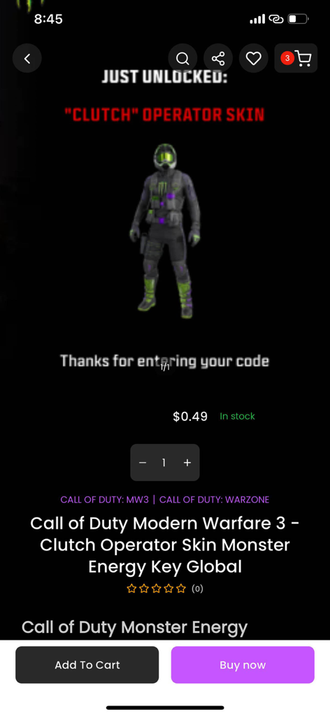 Online Gaming Marketplace - Call of Duty Modern Warfare 3 Clutch Operator Skin product listing page