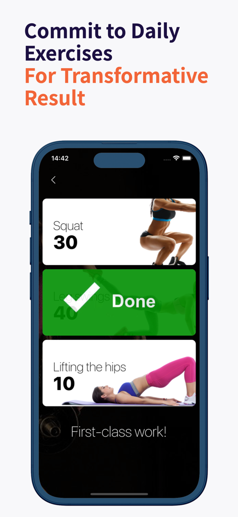 Booty workout - Booty workout app screen showing a list of daily exercises like squats and hip lifts with a checkmark for completed tasks