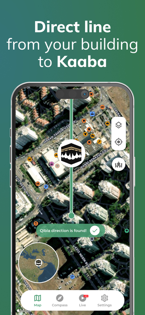 Qibla Finder 100% اتجاه القبلة - Smartphone-Bildschirm zeigt die Qibla Finder App mit einer direkten Linie zur Kaaba auf einer Satellitenkartenansicht