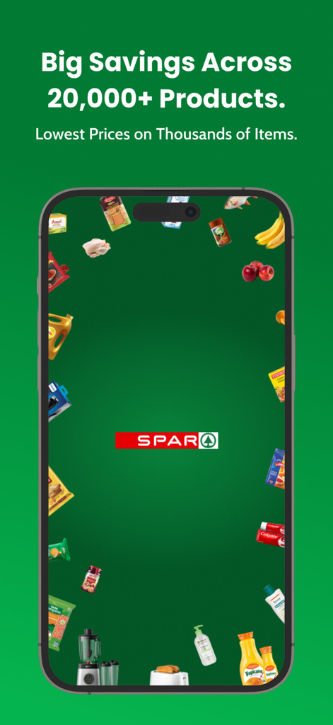 SPAR India app promotional screen showing big savings on over 20000 products