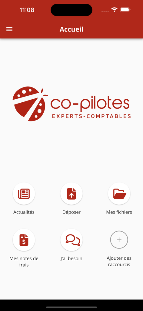 Co-pilotes - Home screen of the Co-pilotes accounting app featuring a dashboard with icons for news, document uploads, file management, and expense reports.