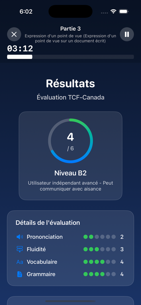 Pantalla de resultados de la aplicación TCF-Canada Speaking Test Coach que muestra una puntuación de nivel B2 y una evaluación detallada de IA de la pronunciación y la gramática