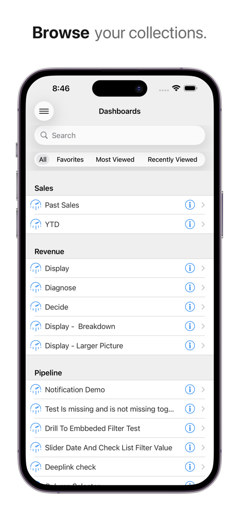 Infor Birst mobile app interface showing a list of business intelligence dashboards for sales revenue and pipeline tracking