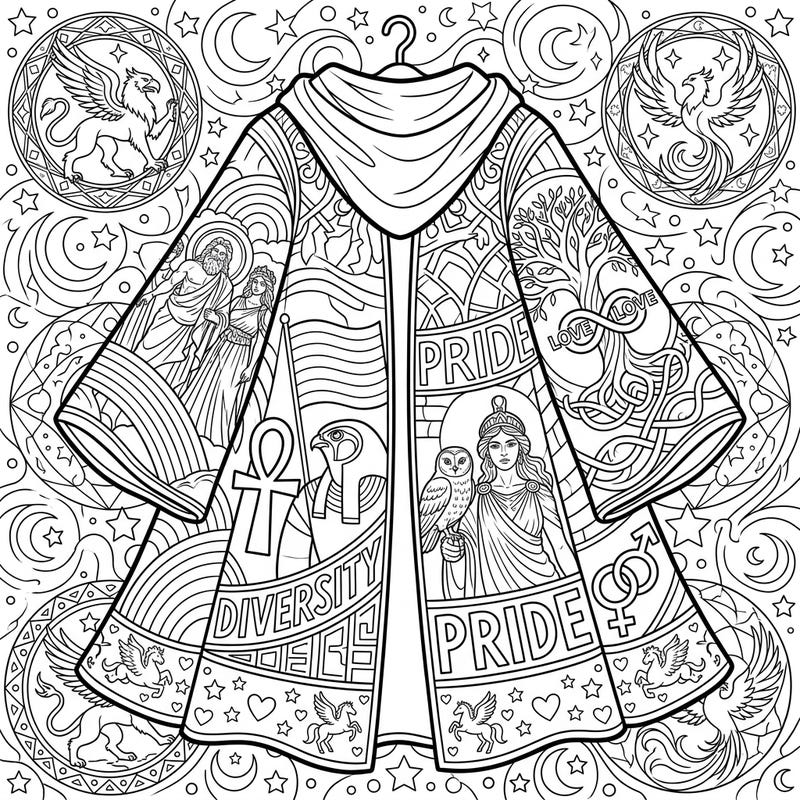 Unleash your creativity with this magnificent coloring page featuring mythological outerwear infused with powerful Pride Month themes. Discover intricate designs celebrating ancient deities, symbols of diversity, and the spirit of love.