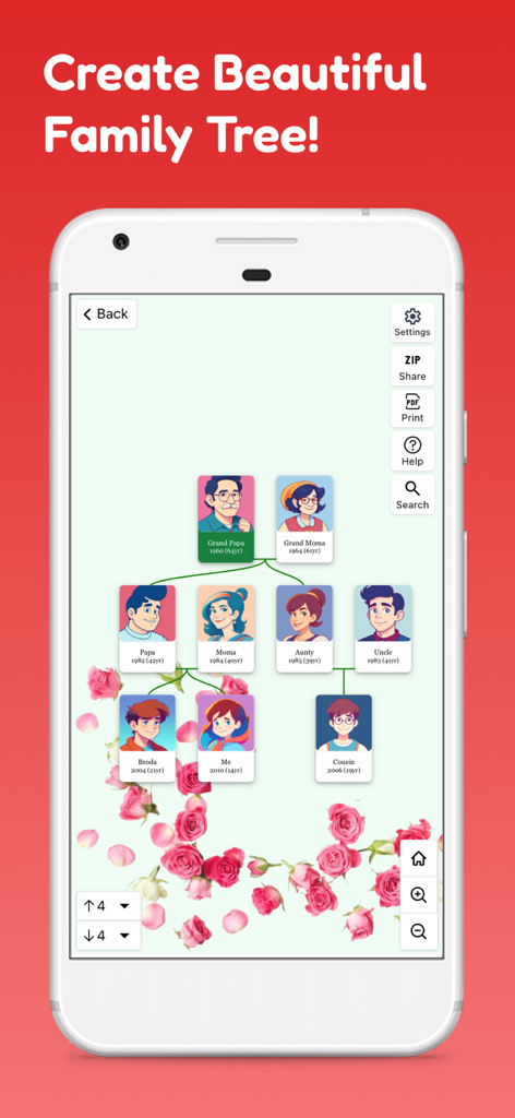 Family Tree Maker Offline - Mobile app interface showing a multi-generational family tree with illustrated avatars and a floral background