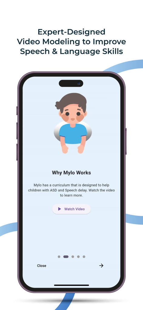 Mylo - Speech Therapy Support - Mobile screen showing Mylo app expert video modeling for children with speech delay and ASD