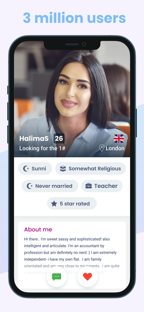 SingleMuslim - A mobile screen showing a user profile on the SingleMuslim app featuring personal details and religious tags.