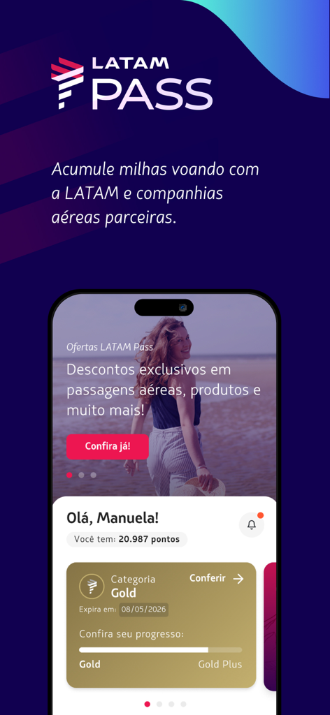 LATAM Pass - LATAM Pass app home screen displaying points balance and Gold elite status