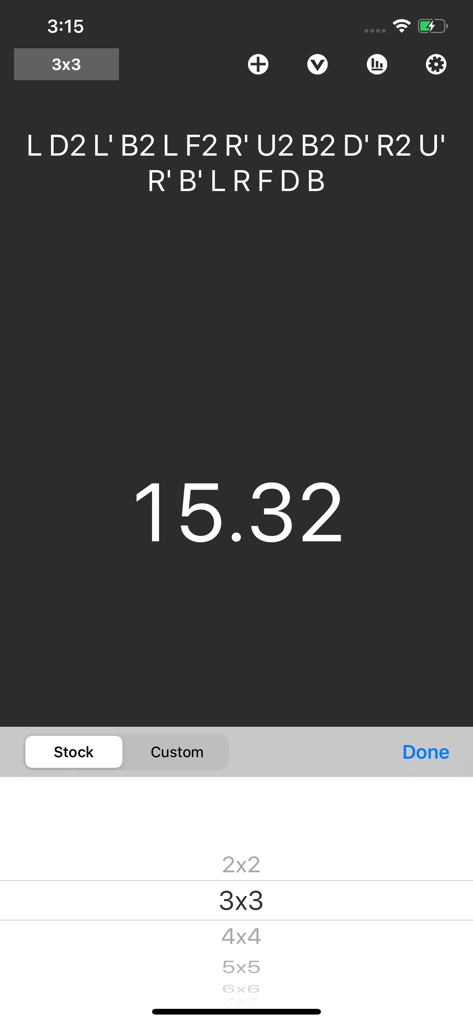 Five Timer - Five Timer app interface showing a 3x3 cube scramble and solve time of 15.32 seconds