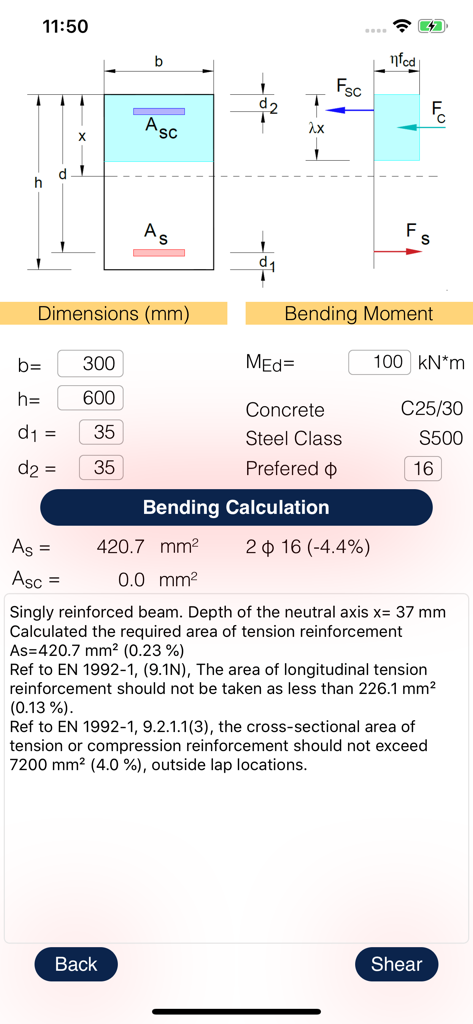 Interfaz de cálculo del momento flector para el diseño de hormigón armado en la aplicación RCSection.