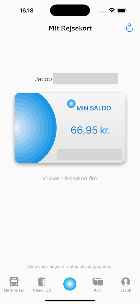 Capture d'écran de l'application Rejsepartner montrant le solde du Rejsekort danois et l'aperçu de la carte de transport pour un utilisateur nommé Jacob.