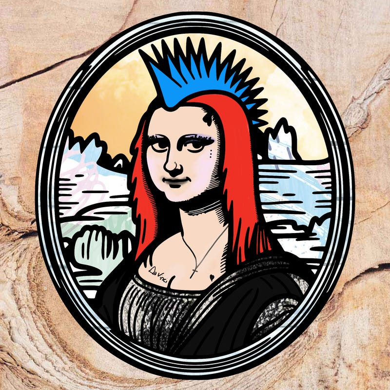 leonardo da vinci's "mona lisa" with punk hairstyle, realistic, thin borders
