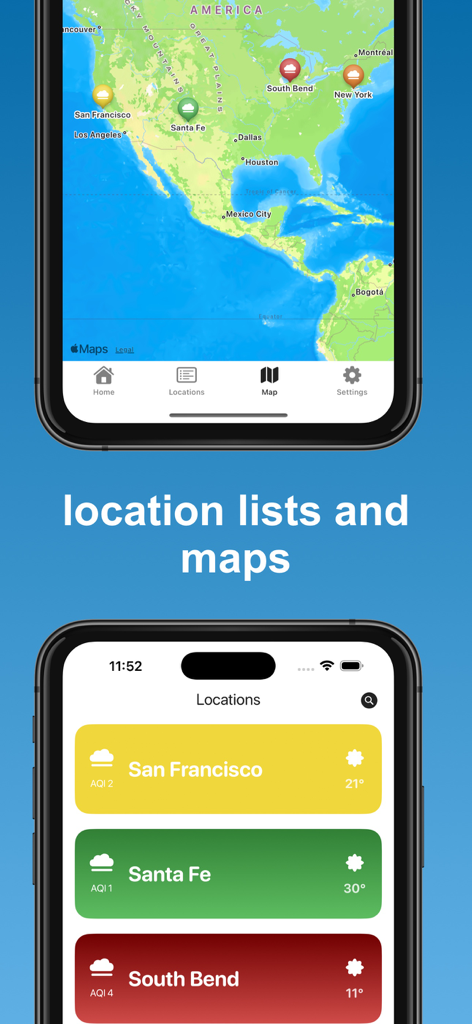 Interface do aplicativo Haze mostrando um mapa de qualidade do ar dos EUA e uma lista de locais salvos com níveis de AQI